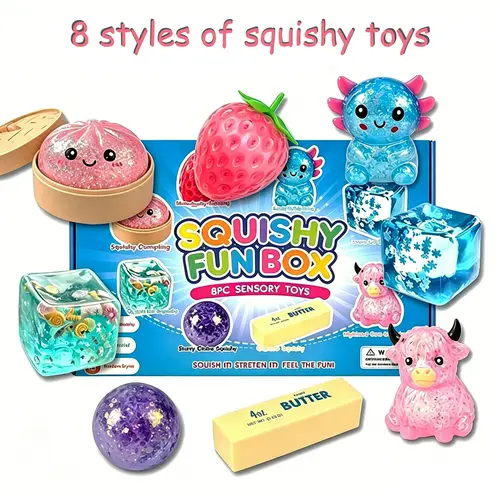 8-Piece Malt Sugar Squishy Pack - Soft Slow Rising Squishies, Squeeze Stress Relief Cubes, Fidgets, Unique Party Bag Gifts, Sensory Room Supplies (8 Different Styles)