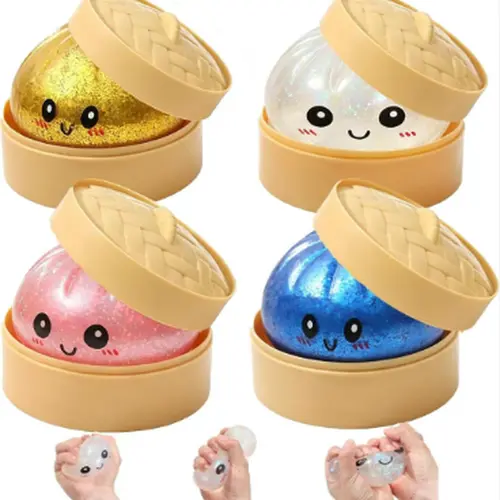 Glittery Squishy Bao Bun Stress Toy with Mini Steamer Box, Soft Squeeze Squishies Silicone Stuffed Bun Dumpling Decompression Squeeze Ball for Kids Anxiety Relief, Glittery Squishies, Squishy Dumpling, Dumpling Squishies