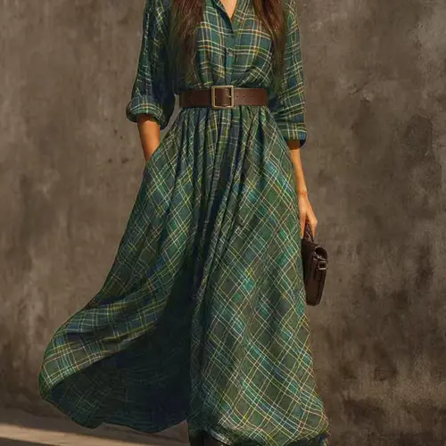 2026 Women's New Casual Elegant Chic Vintage Plaid Design Collar Contrast Slim Fit Waist Long Lantern Sleeve Dress, Perfect for Daily Wear, Retro Parties, Vacations