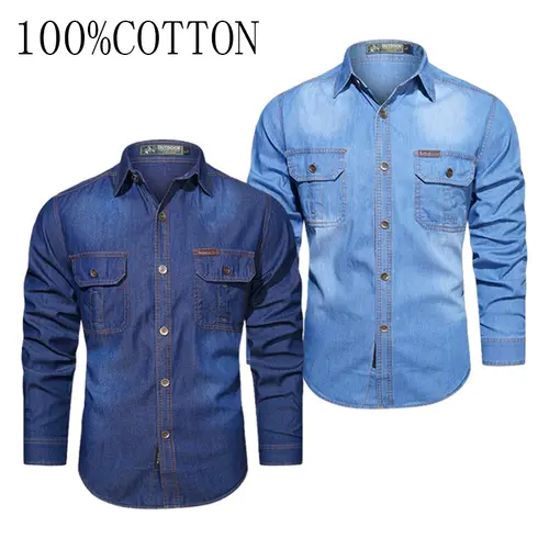 Men's 100% Cotton Washed Denim Shirt - Classic Menswear, Double Pocket, Distressed, Long Sleeve, Outdoor Fabric Workwear Casual Top