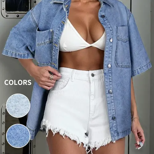 Women's Denim Shirt Jacket Short Sleeve Baggy Version, Stylish Casual Outerwear, Perfect for Daily Wear, Everyday, Comfortable and Trendy Design, Coats