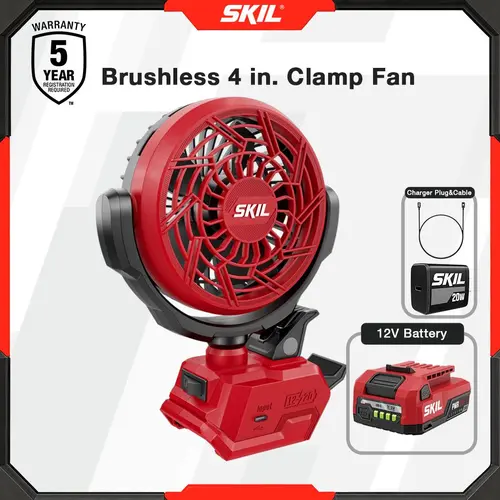 SKIL 12V PWR CORE Starter Kit with Brushless Clamp Fan Bundle - 4-in. Fan Device, Fastcharging 60W USB-C PD 3.0 Port Charger, Rapid Charging USB-C Port, Battery Included