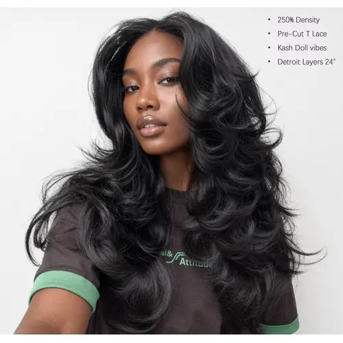 [Detroit Layers]24 Inches Big Head Friendly Kash Doll Layers Beginher Hair Extra Full & Voluminous Middle Part Heat Resistance Fiber 250% Density Big-Head Friendly T-Part Lace Synthetic Pre-Cut Glueless Wigs Natural Black Color SummerVibes