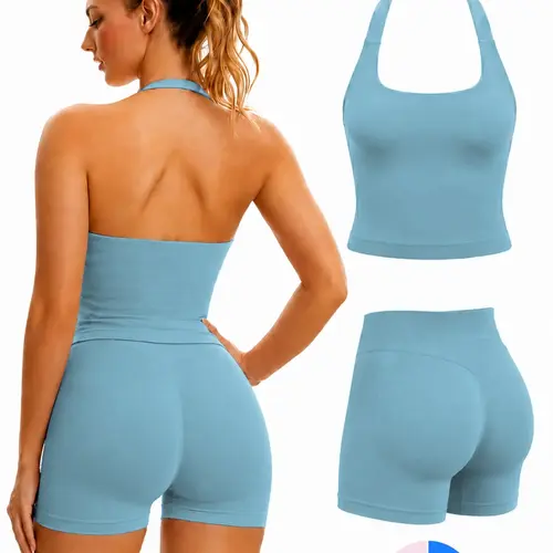 Women's Yoga 2-Piece Set, Activewear Workout Set, Breathable Sporty Halter Top & High-Waisted Seamless Butt-Lift Shorts, Plain Color Athletic Seamless Yoga Outfits, Fitness Outfits, Yoga Sets
