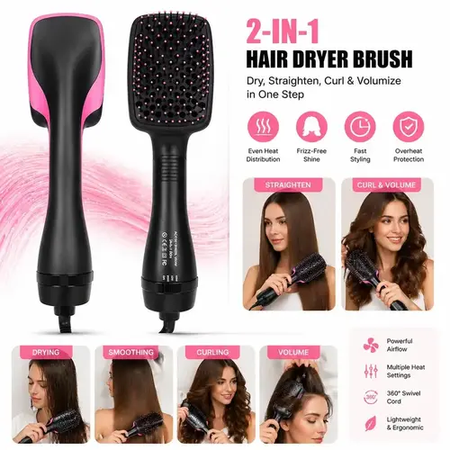 2-in-1 Design Hot Air Brush - Hair Dryer & Volumizing Styler, Anti-Frizz Straightener, Fluffy Curling Tool with Lightweight Handle, Airflow-Enhanced Hair Products for Daily Styling (Beauty & Personal Care)
