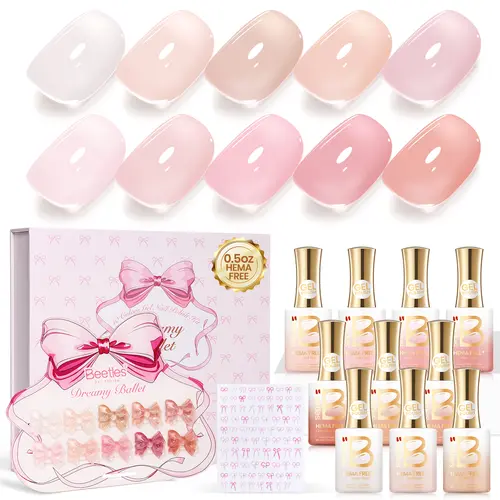 Beetles Nude Gel Nail Polish Set - Dreamy Ballet 10x15ML Neutral Jelly Pink Cosmetic Manicure Kit, Base Color, Concealer, Sheer Translucent Gloss, Soak-Off UV LED for French Nail Art, Daily Salon DIY Gifts