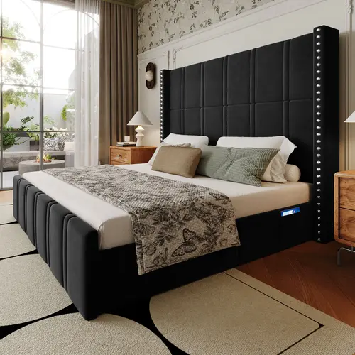 Queen Size Bed Frame with65.75"Tall Headboard, Velvet Upholstered Platform Bed Queen Bed Frame with Storage Pockets,Wide Wingback Design,Noise-Free,No Box Spring Needed,home decor,Best Gift Ideas/Luxury Bedroom Furniture[backtoschool][Soho Chic]