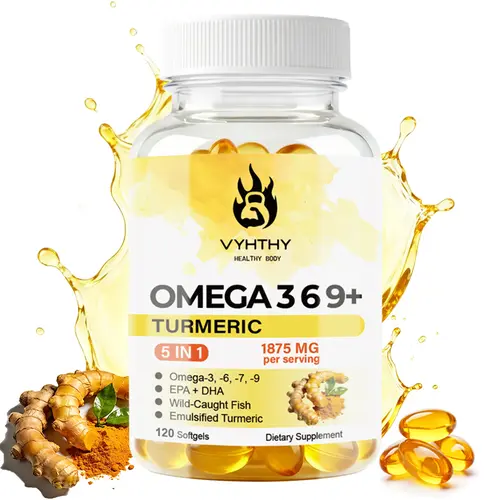 VYHTHY Omega 3 6 9 Fish Oil + 7 Turmeric Supplements 1875mg - 5 in 1 Premium Fish Oil Softgels with High EPA DHA, Borage & Macadamia Nut Oil, Emulsified Turmeric Root - Joint, Heart & Immune Support - 120 Softgels