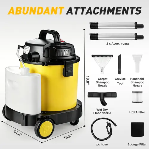 PRETEC 5.5+1 Gallon Wet Dry Vacuum Cleaner | 17kPa Strong Suction 4-in-1 Multi Cleaning Machine, 15ft Long Power Cord, Ultra-Quiet 70dB, Perfect for Pet Hair, Household, Garage & Car Detailing