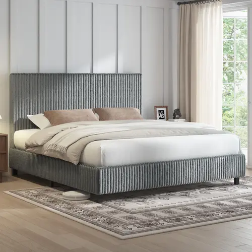 AMERLIFE Upholstered Bed Frame with 3.5" Thick Gap-Free Headboard, Corduroy Platform Bed, Fully Padded, Metal Frame with Strong Slats, No Box Spring Needed[tiktokshopbacktoschool][SohoChic]