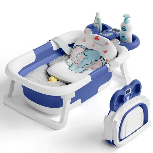 LUCKSONNY Collapsible Bather Infant Bathtub - Elephant Design, Real-Time Temp Monitor, Floating Cushion, Drainage, Foldable for Newborns & Toddlers