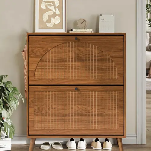 Shoe Storage Cabinet for Entryway with 2 Flip Drawers, Narrow Wood Shoe Cabinet with Fluted Panel, Freestanding Hidden Shoe Organizer for Foyer, Hallway
