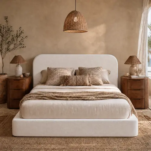 RECCI Minimalist Contemporary Queen Size Bedframe - Cloud Upholstered Bed with Curved Headboard, Padded Panels, Low-Profile Platform, Soft-Edge Build, Sturdy Stable Bedroom Furniture, Easy Setup, No Box Spring Needed, Apartment Use