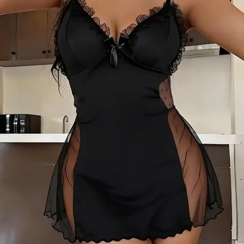 Women's Sexy Elegant Cami Nightgown, V-Neck Bow Design, Side Mesh Sheer High Split, Fitted Sleepwear, All Seasons Comfort, Side Slit Nightgown