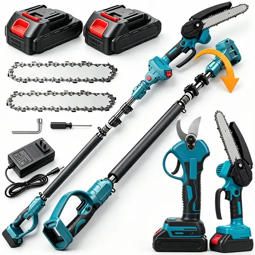 3-in-1 Cordless Pole Saw & Mini Chainsaw Garden Tools Set with 2 Batteries, Extension Pole, Garden Scissors for Tree Trimming, Limb Branch Cutter for Outdoor Use, Father's Day Gift