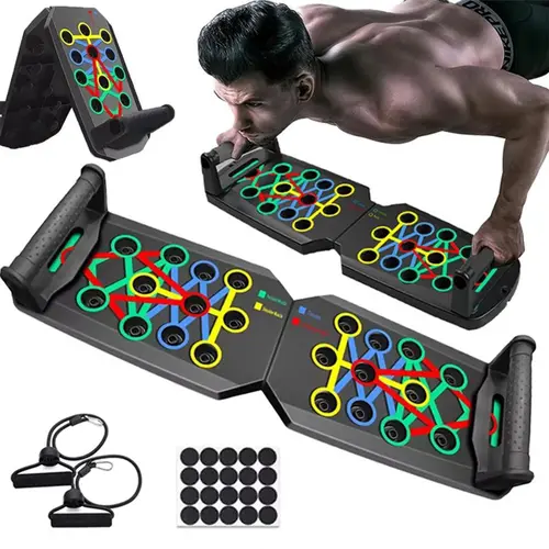 Black Multifunctional Push Up Board - Foldable Home Fitness Tool with Non-Slip Base, Resistance Bands, Foldable Portability, Workout/Exercise Equipment for Upper Body Strength, Maximizing Full Body Workout, Travel-Ready Gear