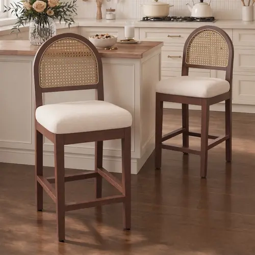 Farmhouse Rattan Counter Height Bar Stools Set of 2, Chenille Upholste