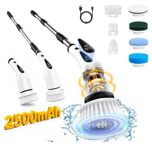 2026 Upgraded Cordless Handheld Spin Scrubber - Powerful Electric Clean Tool, USB Rechargeable, Adjustable 3-Length Extendable Handle, Dual Speed, IPX7 Waterproof, LED Display, 8 Replaceable Heads, for Car & Tub Cleaning, Father’s Day Gift