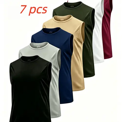 7 Pack Men’s Quick Dry Athletic Tank Top Set, Round Neck Sleeveless Basketball Training Vests, Breathable Knit Solid Workout Shirts, Regular Fit Plus Size Base Layer, Comfort Sport Tank Tops for Gym Running Outdoor Casual Summer Wear
