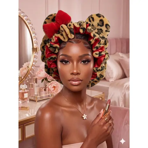 Women's Premium Plush Leopard Satin Bonnet for Sleeping – Double Layer Curly Hair Nightcap with Comfort-Fit Elastic Band & Animal Ears, Haircare, Beauty Products, Hydrating