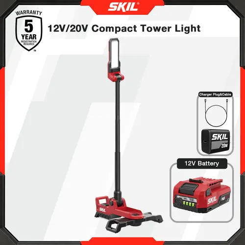 SKIL 12V/20V Compact Tower Rechargeable Cordless Lamp - Cordless Work Light with 12V 2.0 AH Battery, 20W PD Rapid Charging USB-C Charger, Wall Mount Compatibility, Batteries