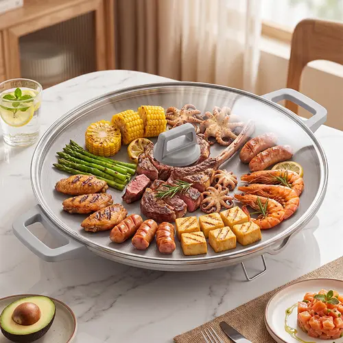 AORAN KITCHEN 2500W Premium Portable Korean-Style Electric Tabletop Grill (High-Spec Version with Glass Lid View) - Indoor Smokeless Non-Stick, Space-Saving, Adjustable Temperature, Grill+Griddle Use for Korean Barbecue