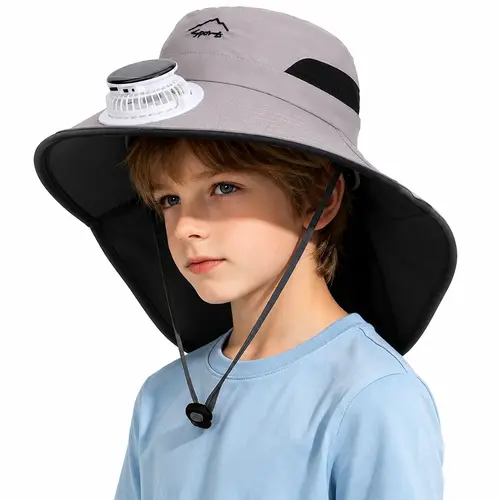 Kids 3-7 Yrs Adjustable Wide Brim (4.13"/10.5cm, 52-54cm Head Circumference) Mesh Fisherman Hat with Mini Fan - Solar & USB Rechargeable, 3-Speed Cooling, Sun Protection for Outdoor Sports, Fishing, Golf, Driving, Beach Use