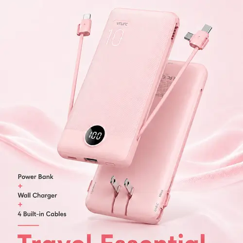 Travel Essential All-in-One Power Bank with Built-in AC Wall Plug & 4 Cables, 10000mAh Portable Charger for iPhone, Samsung & Android