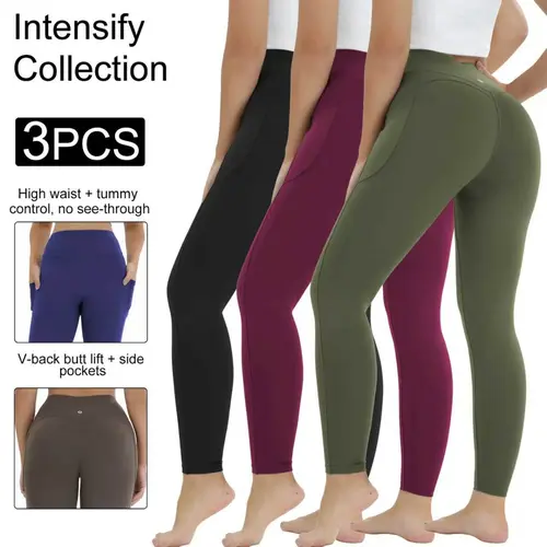 Women's 3PCS High-Waist Compression Yoga Leggings with Pockets - Back Butt-Lifting, Tummy Control, Non-See-Through Fitness Clothes for Gym Workout Sportswear, Running