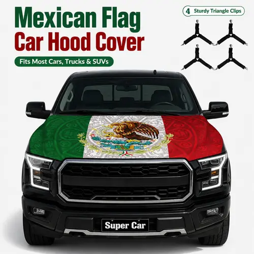 Mexican Flag Car Hood Cover with Aztec Pattern, Patriotic Auto Decoration, Universal Fit for Most Cars, Trucks & SUVs, Great for Holidays, Parties, Celebrations & Gifting-Competition equipment