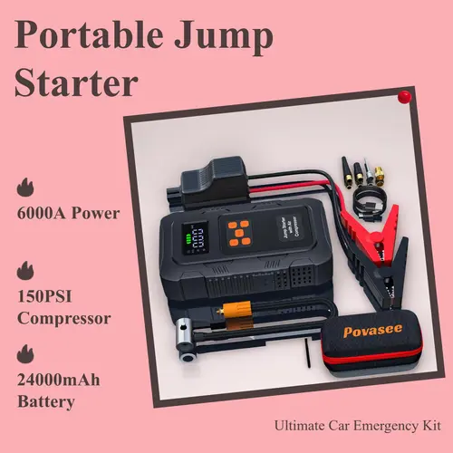 [POVASEE] 6000A Portable Jump Starter with 150PSI Air Compressor - 24000mAh Dual-Engine Car Emergency Power Bank for Gas, Diesel Vehicles