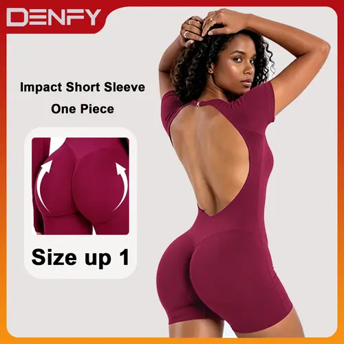 [SIZE UP 1] DENFY Impact Short Sleeve One Piece Women Soft Padded Bralette Tummy Control Butt Lifting Gym Workout Yoga One Piece Activewear [STRONG COMPRESSED] #BackToSchool