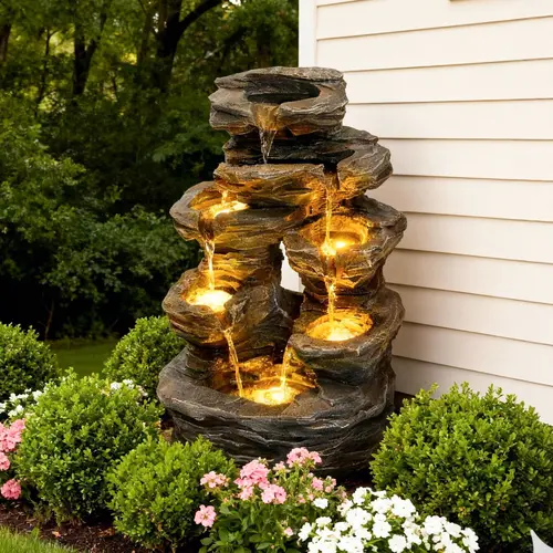 SOLVYA Outdoor Fountain with LED, Freestanding Outdoor Decoration for Patio, Garden