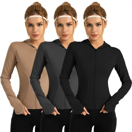 Women's 3-Pack Fitted Quick-Dry Workout Yoga Jackets Zip Up Hoodies - Long Sleeve Shirt with Thumb Holes, Sporty Chic Full-Zip Outerwear