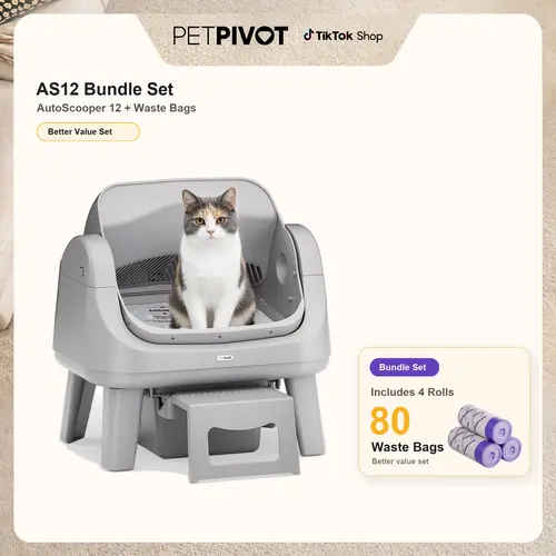 PetPivot AutoScooper 12 Lite-Piece Value Bundle - Open-Top Automatic Litterbox, Low Entry Easy Access Kitten Litter Box with Step, 4 Rolls (80 Waste Bags), Odor Control, Low Entry Litter Box, SohoChic