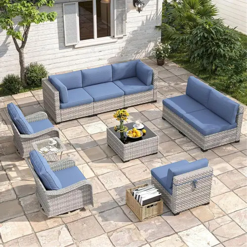 10-Seat Modern Cushioned Outdoor Furniture Set - Modular Sectional Conversation Set, Swivel Rocking Chairs, 4” Thick Cushions, Dual-Strand Wicker Rattan, Rust-Resistant Steel Frame, Navy All-Weather Resin, Storage, 3-Package Delivery, Pool Deck, Garden