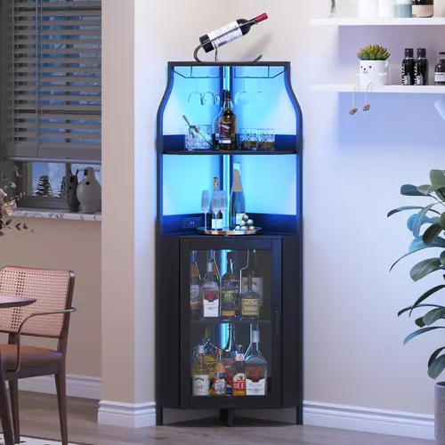 5-Tier Corner Wine Bar Cabinet with Barn Door, Glass Rack and Adjustable Shelves, Farmhouse Space-Saving Freestanding Liquor Storage Cabinet Made of Metal Frame & MDF, Compact Home Bar Furniture for Kitchen, Dining Room and Living Room