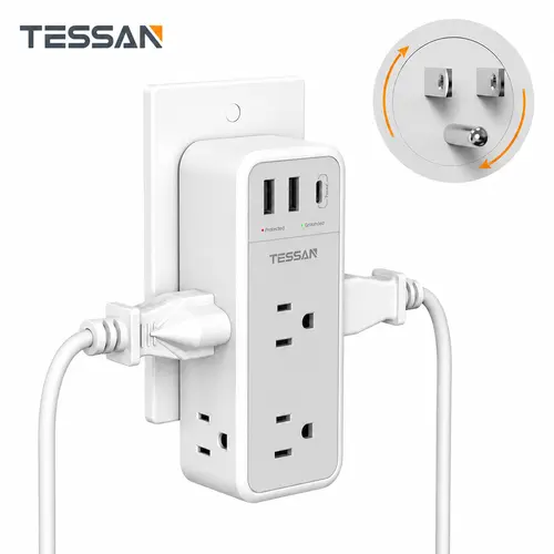 TESSAN Multi Plug Wall Outlet Splitter with 360 Rotating Plug, TESSAN 1800J Surge Protector Outlet Extender with 6 AC and 3 USB Ports (1 USB C), 1875W, 3 Sided Wall Socket Expander for Home Office Dorm Room