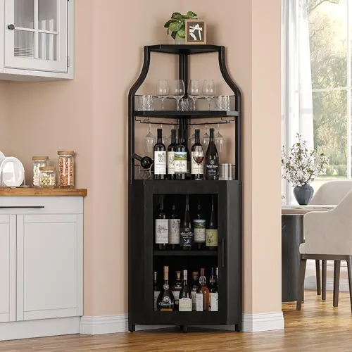 Corner Wine Cabinet with Detachable Wine Rack, 5-Tier Industrial Corner Wine Cabinet with Barn Door, Glass Holder, Farmhouse Buffet Storage Cabinet, Space-Saving Home Bar Furniture for Living Room, Dining Room and Indoor Corners Barn Doors Cabinet Modern