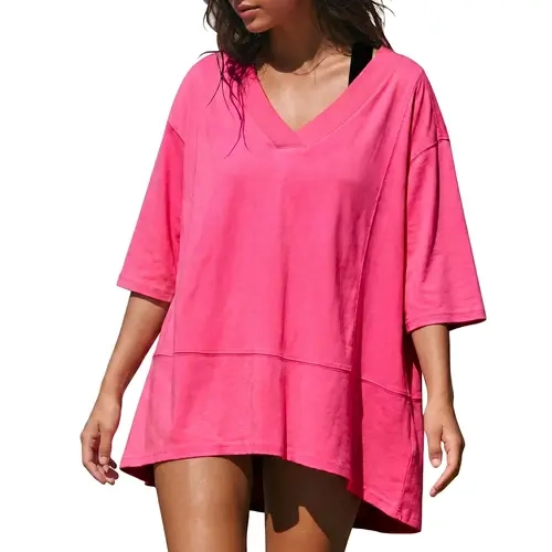 Imily Bela Women Oversize Summer Daily Wear Casual V-Neck Elbow Sleeve T-Shirt Soft Loose Fit Basic Blouse Top