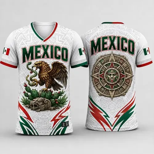 Men's Casual Graphic V-Neck T-Shirt - 2026 Mexico Inspired Short Sleeve Menswear Top with Eagle Serpent Print, Aztec Calendar Back, Flag Accents, Day & Outdoor Futbol Streetwear