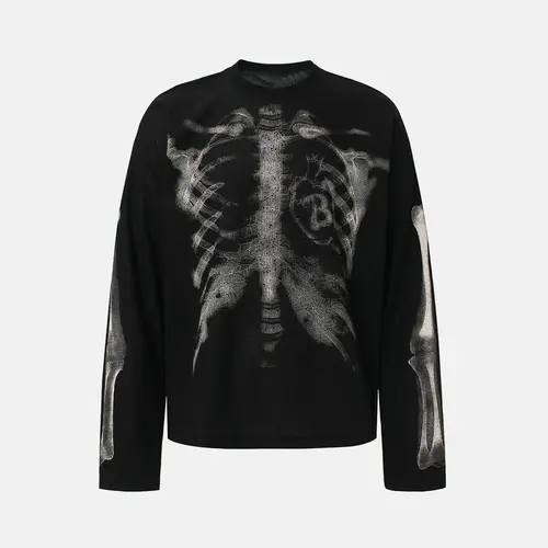 inflation Men's Stylish Knitwear, Oversized Alternative Style Waffle Thermal Shirt with Skeleton Ribcage Graphic, Long, Casual, Streetwear, Waffle Knit, Cotton Blend, X-Ray Print, 65% Cotton 35% Polyester Fiber, Jeans, Xl