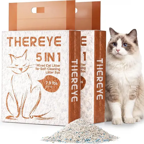 Thereye 5-in-1 Mixed Cat Litter, Upgraded for Automatic Litter Box, Fast Clumping, Ultra Absorbent, Dust-Free Natural Clumping Cat Litter, Odor Control, Non-Sticky for Multi-Cat Households (7.9lbs*2)