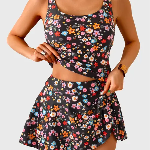 Women's Two-Piece Swimsuit – Tummy-Control High-Waisted Tank Top Paired with a Swim Skirt (Skirted Swimsuit) – Stylish High-Waisted Casual Shorts Style