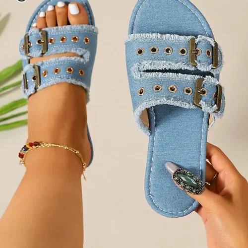Women's Wide Fit Double Buckle Slides – Frayed Edge Casual Flat Sandals, Comfortable Summer Slip On Beach Slippers, Fashion Slides