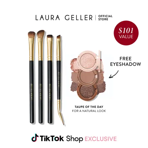 Laura Geller Shadow Skills 4PC Eye Brush Set + FREE Eyeshadow Stack – Base, Blending, Crease & Smudger Brushes for Effortless Eye Makeup