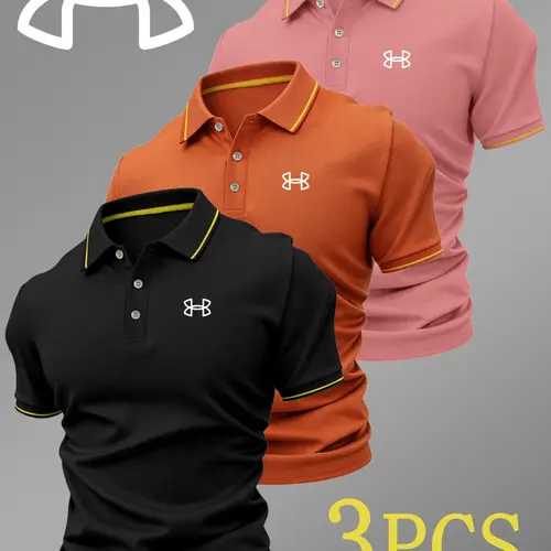 Men's Luxury Golf Polo Shirt Set, 3-Pack, Durable Collared Short-Sleeve Polos with Logo Print, Breathable Stretchy All-Season Casual Wear