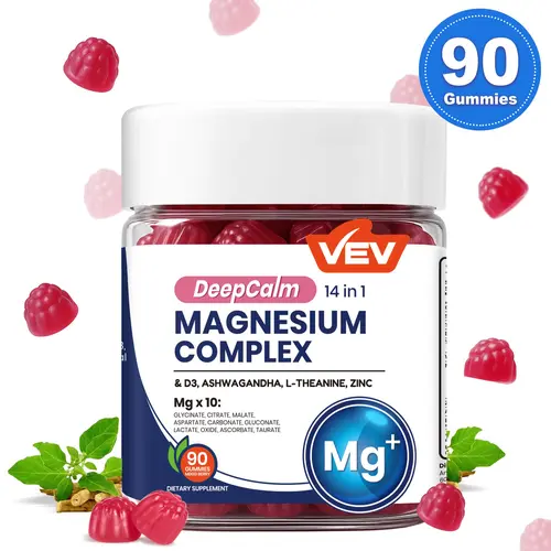 VEV Magnesium Gummies, DeepCalm 14-in-1 Magnesium Complex with Ashwagandha, L-Theanine, D3 & Zinc, 90 Count