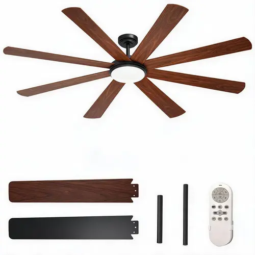 72 Inch Ceiling Fan with Light – 8 Reversible Blades – Quiet Reversible Motor – Wide Power – Remote Control – Modern Black – Large Room Ceiling Fan