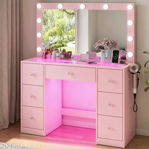 PUNICE White Makeup Vanity with Power Outlet, 11 Accent Lights & 7 Drawers - Mirrored Storage Desk, Bedroom Decor Room Furniture, Accent Light Makeup Vanities for Bedrooms